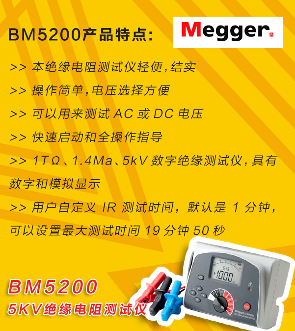 MEGGER,<a href='http://www.swschina.com/tongyi.html'>絕緣電阻</a>測試儀,BM5200